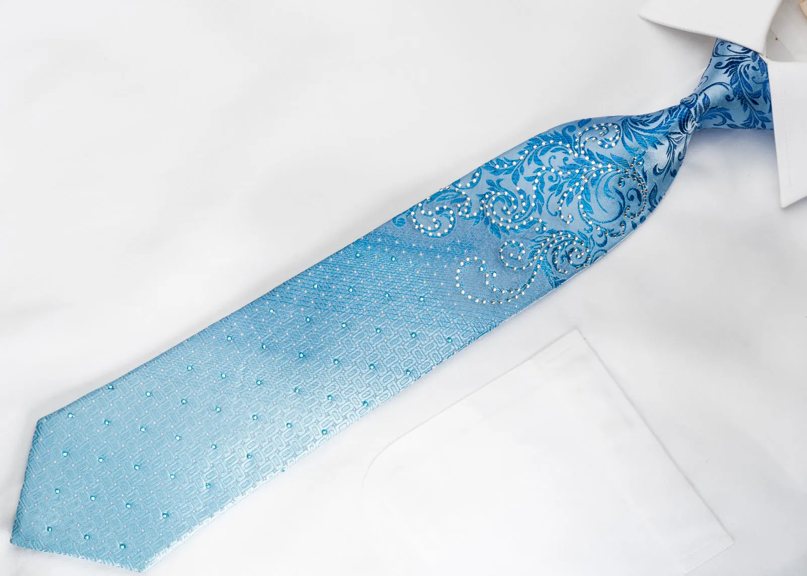 Remizio Rhinestone Silk Necktie Vines & Scrolls On Blue With Silver Sparkles