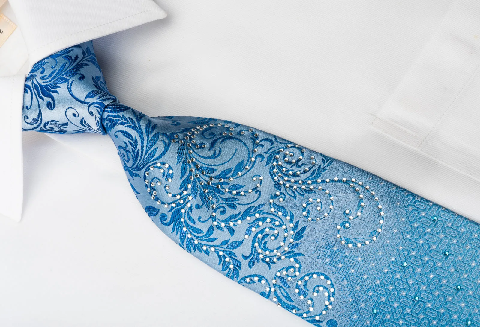 Remizio Rhinestone Silk Necktie Vines & Scrolls On Blue With Silver Sparkles