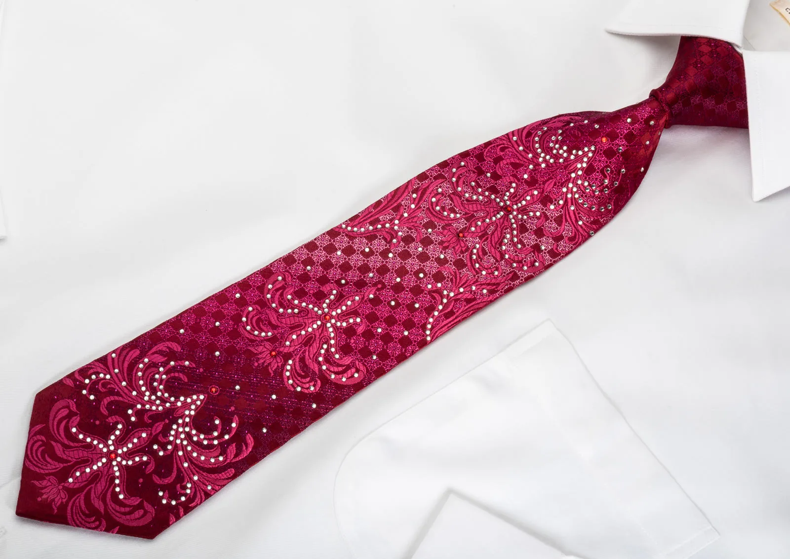 Remizio Silk Tie Damask On Red Sparkling With Crystal Rhinestones