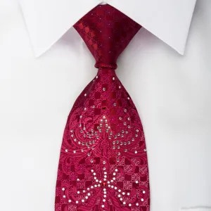 Remizio Silk Tie Damask On Red Sparkling With Crystal Rhinestones