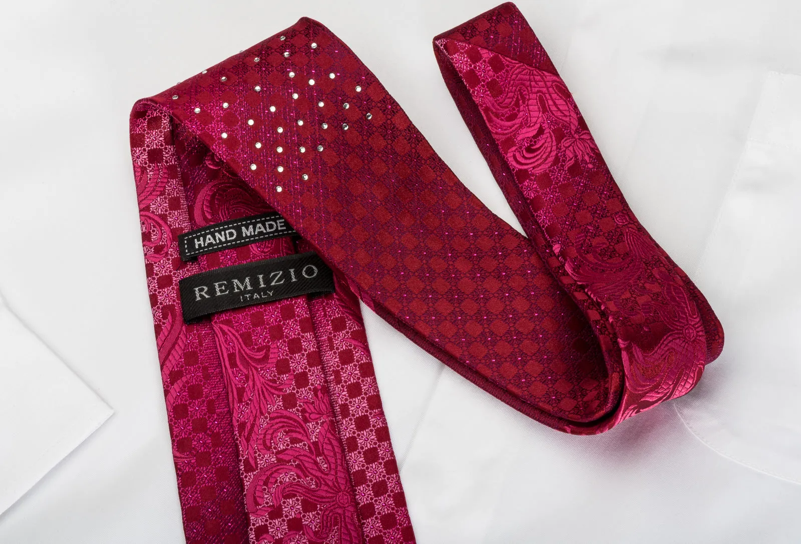 Remizio Silk Tie Damask On Red Sparkling With Crystal Rhinestones