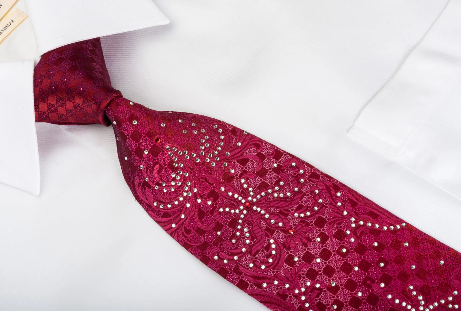 Remizio Silk Tie Damask On Red Sparkling With Crystal Rhinestones