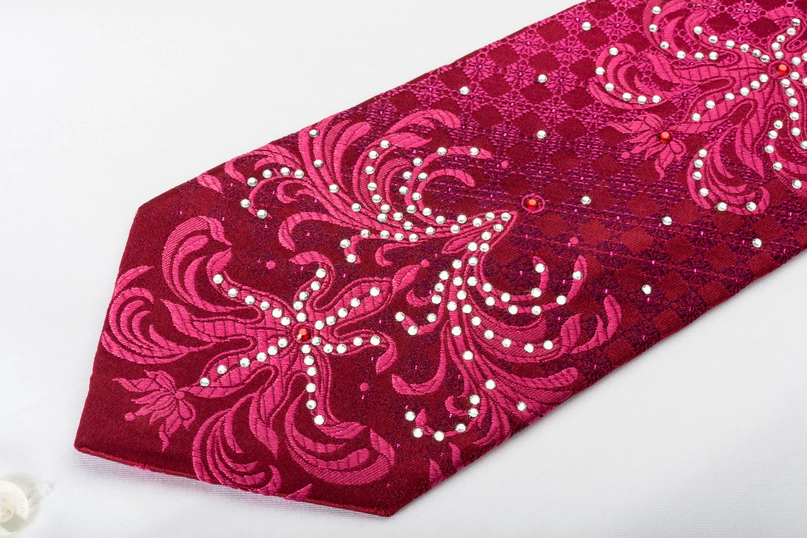 Remizio Silk Tie Damask On Red Sparkling With Crystal Rhinestones