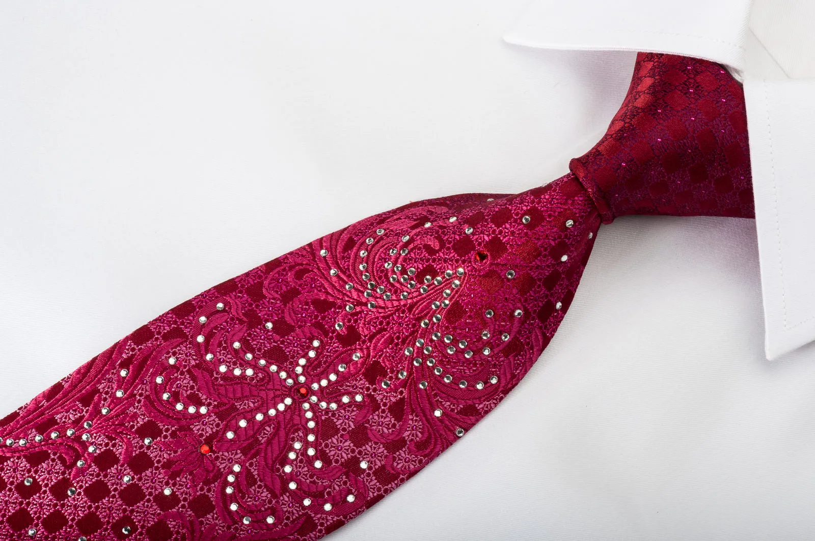 Remizio Silk Tie Damask On Red Sparkling With Crystal Rhinestones