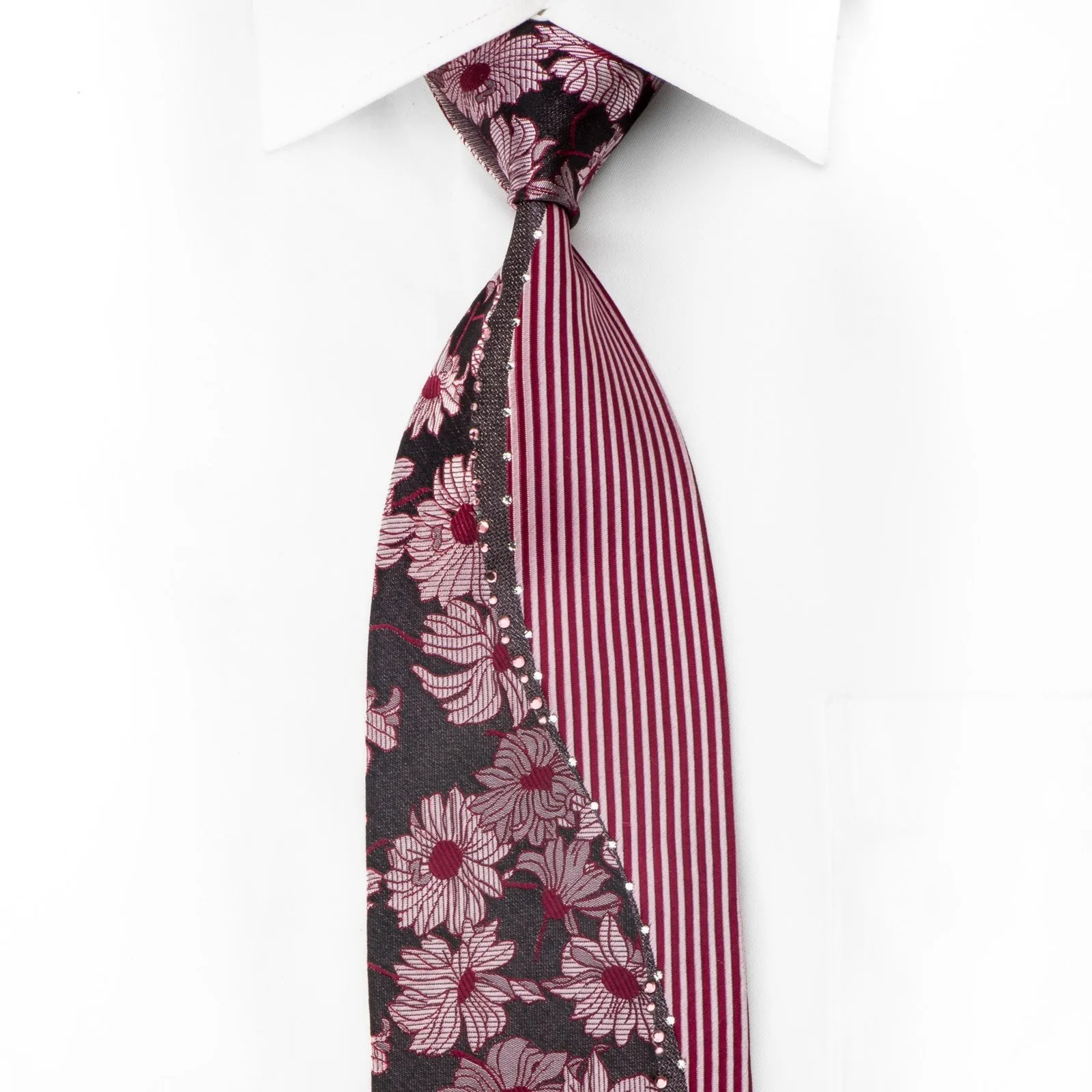Renoir Men's Crystal Rhinestone Necktie Floral Striped On Burgundy With Silver Sparkles