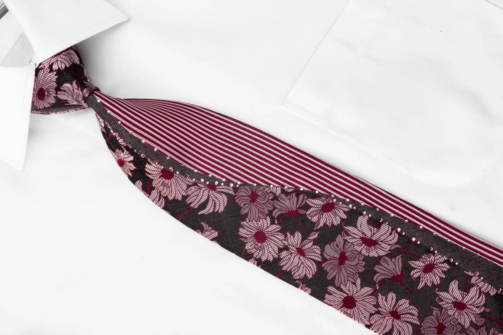 Renoir Men's Crystal Rhinestone Necktie Floral Striped On Burgundy With Silver Sparkles