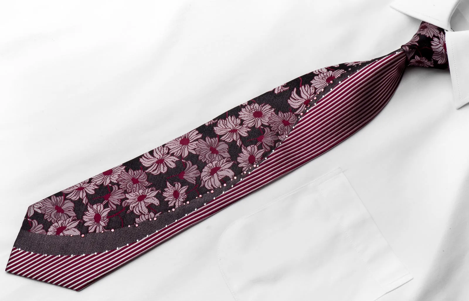 Renoir Men's Crystal Rhinestone Necktie Floral Striped On Burgundy With Silver Sparkles