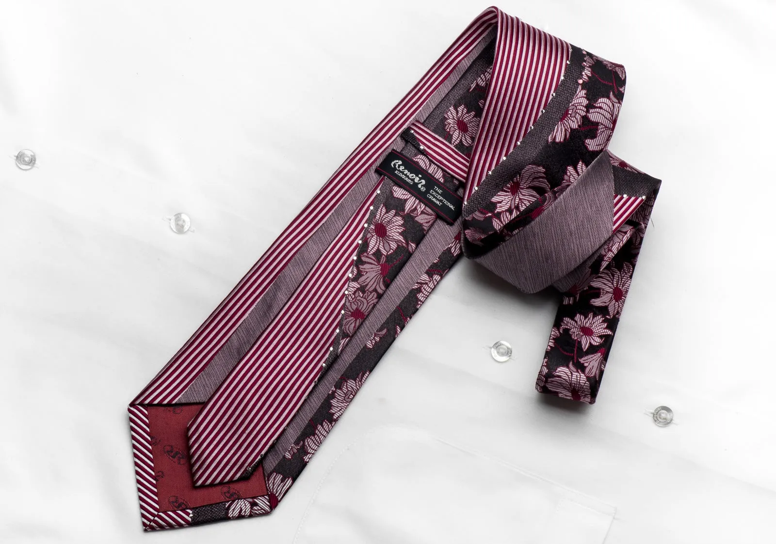 Renoir Men's Crystal Rhinestone Necktie Floral Striped On Burgundy With Silver Sparkles