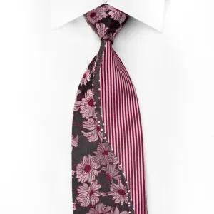 Renoir Men's Crystal Rhinestone Necktie Floral Striped On Burgundy With Silver Sparkles
