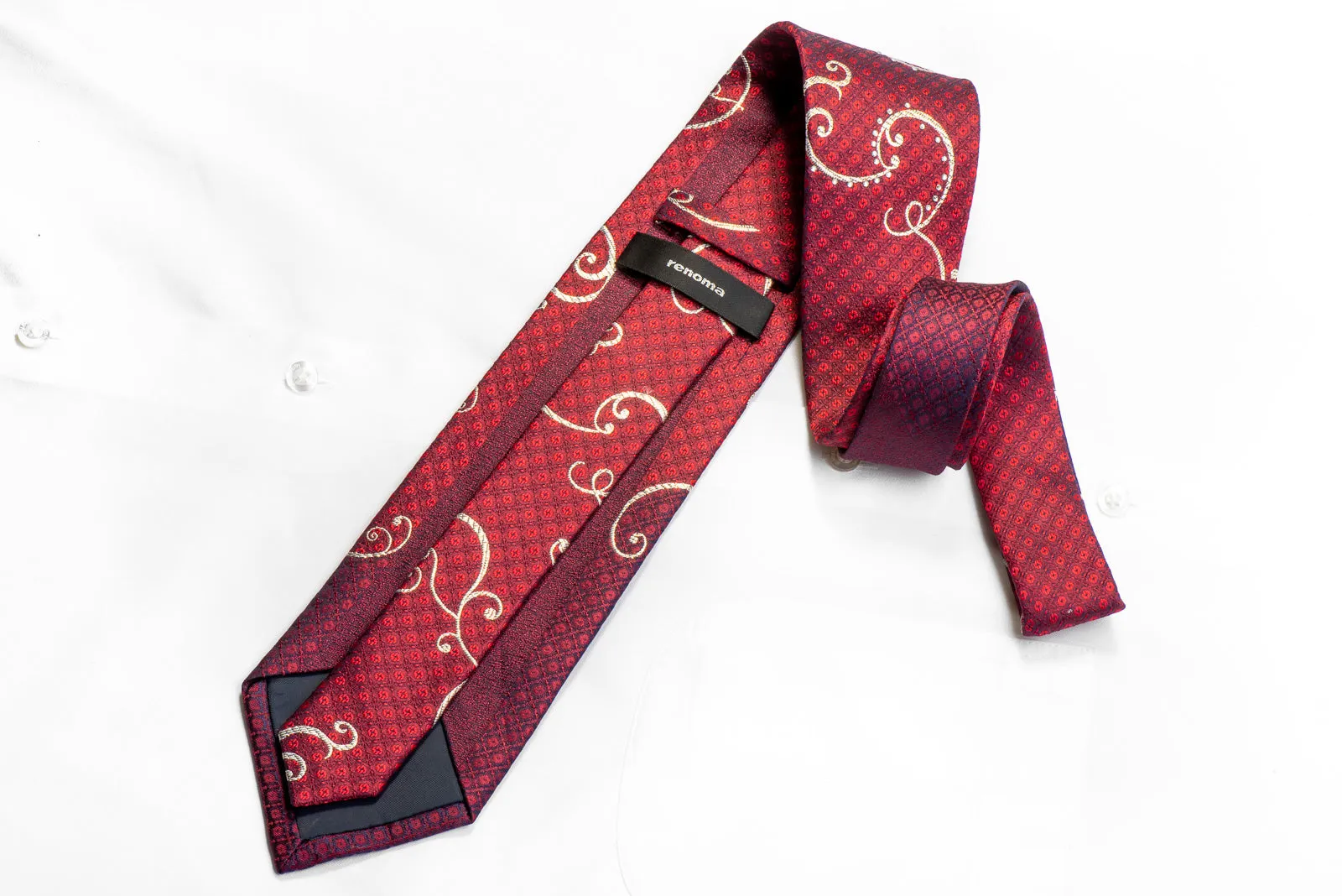 Renoma Crystal Rhinestone Tie Silver Scrolls On Burgundy With Silver Sparkles