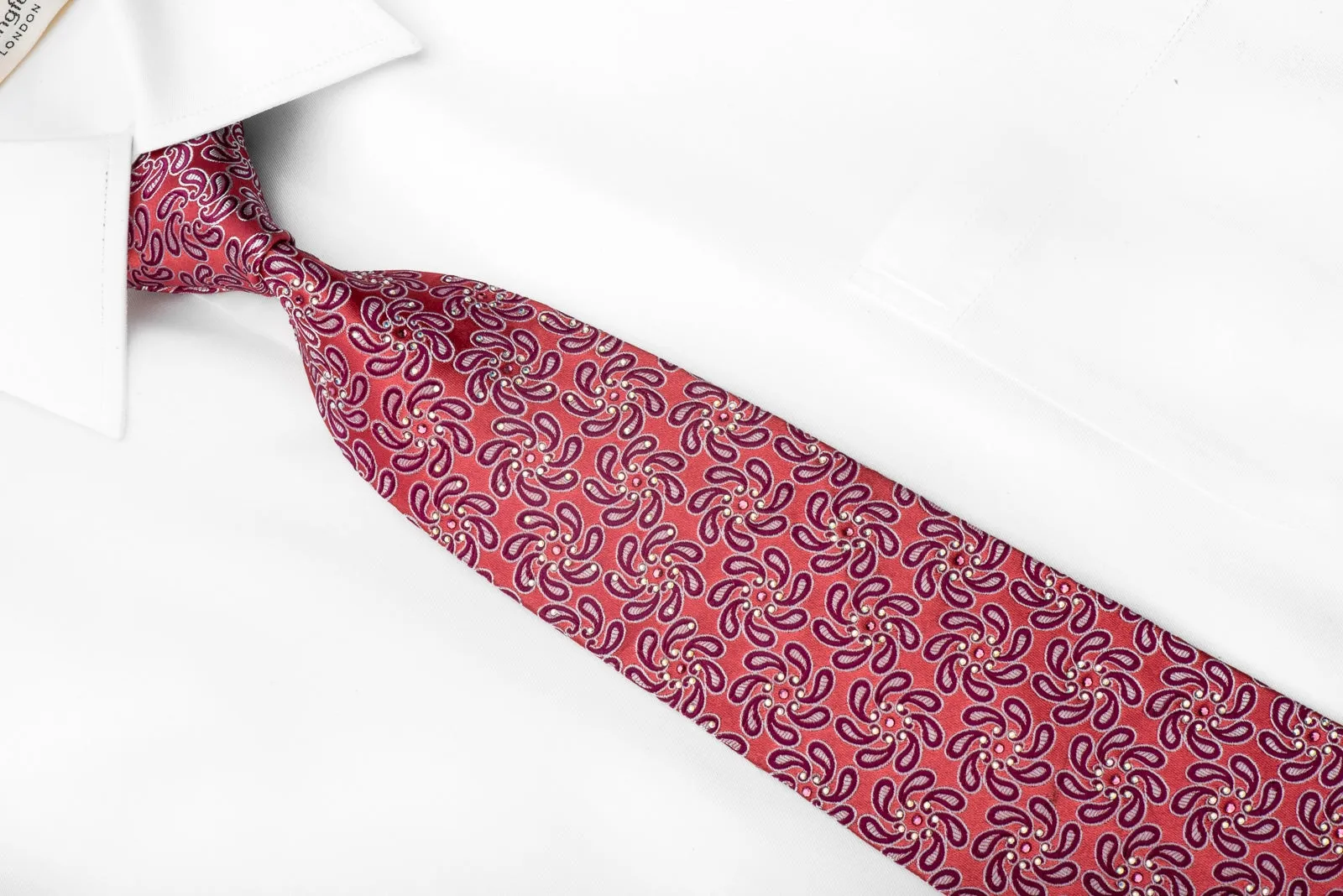 Renoma Men's Crystal Necktie Paisley On Pink Sparkling With Rhinestones