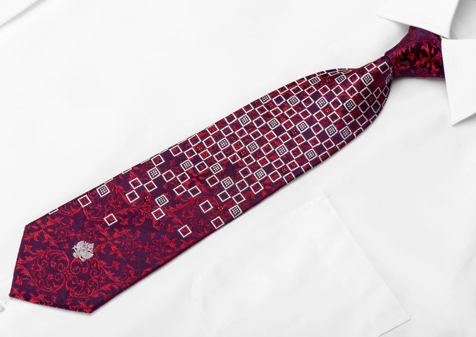 Renoma Men's Crystal Rhinestone Silk Tie Red Acanthus Silver Geometric On Purple With Sparkles