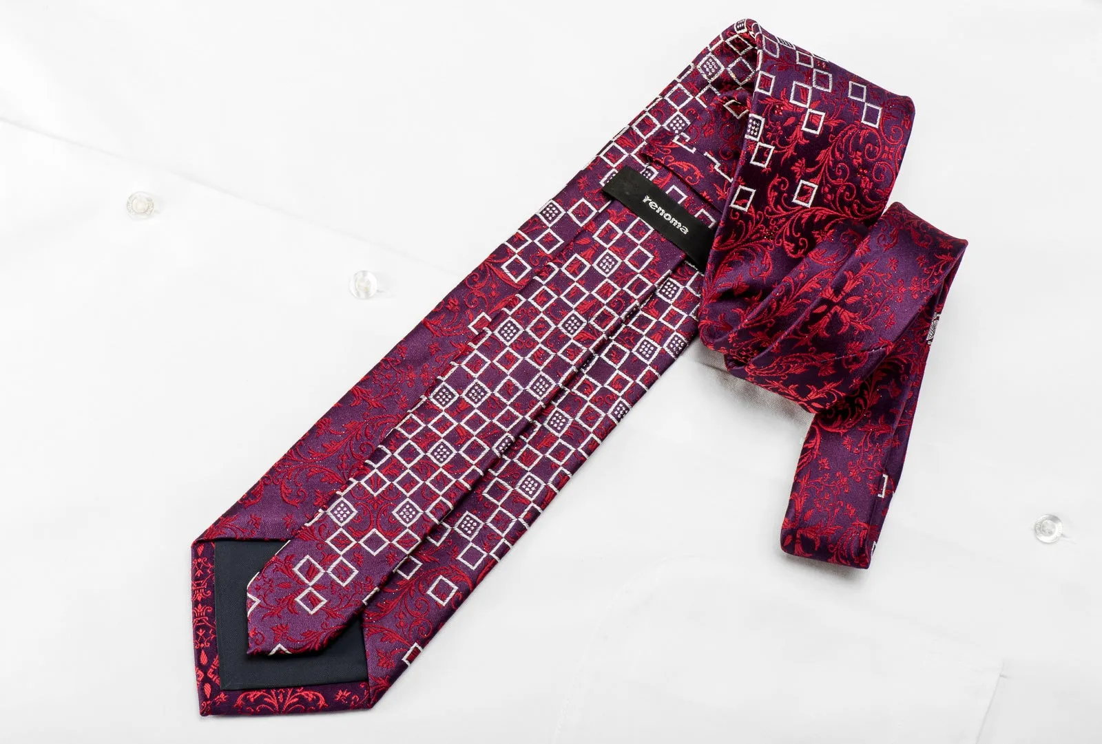 Renoma Men's Crystal Rhinestone Silk Tie Red Acanthus Silver Geometric On Purple With Sparkles