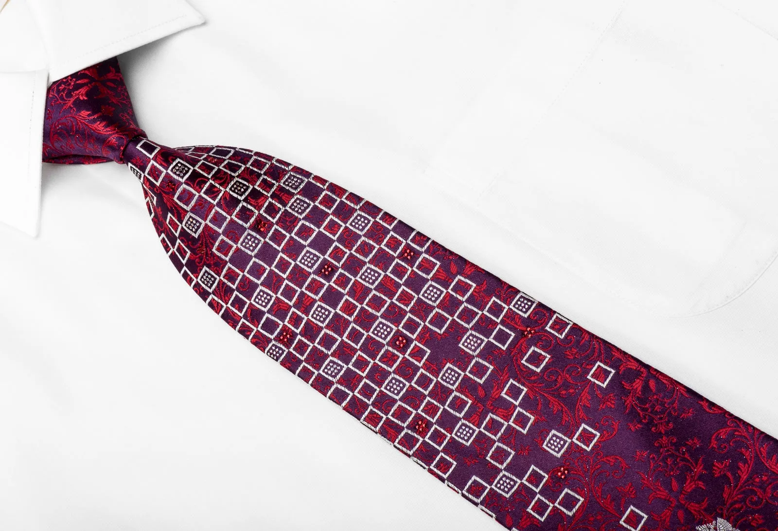 Renoma Men's Crystal Rhinestone Silk Tie Red Acanthus Silver Geometric On Purple With Sparkles