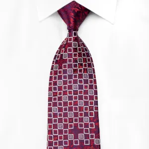 Renoma Men's Crystal Rhinestone Silk Tie Red Acanthus Silver Geometric On Purple With Sparkles