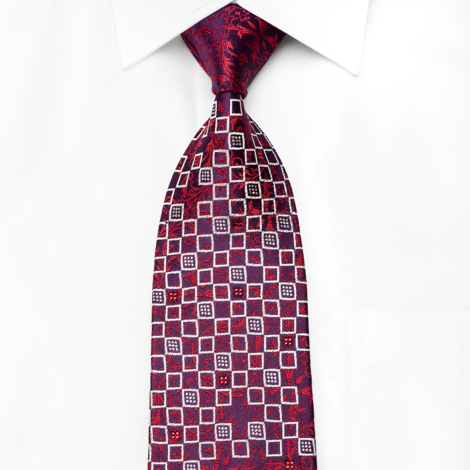 Renoma Men's Crystal Rhinestone Silk Tie Red Acanthus Silver Geometric On Purple With Sparkles
