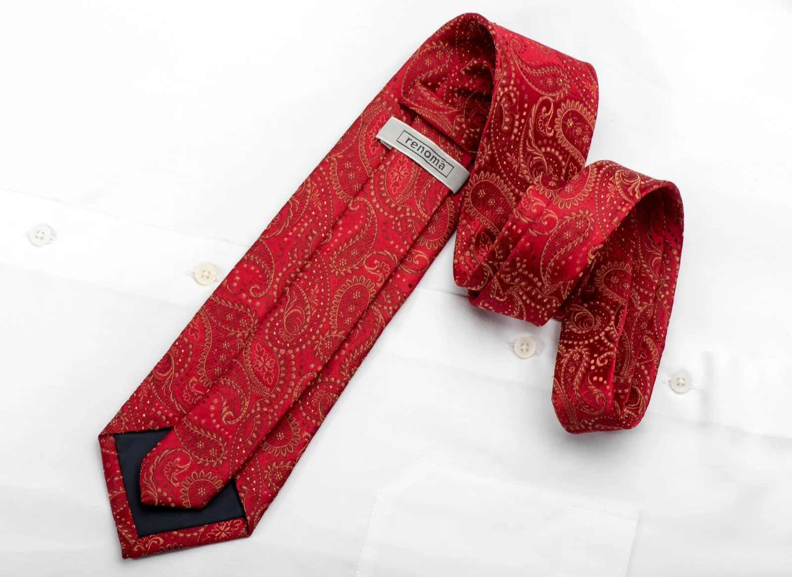 Renoma Mens Silk Necktie Paisley On Red Sparkling With Rhinestones