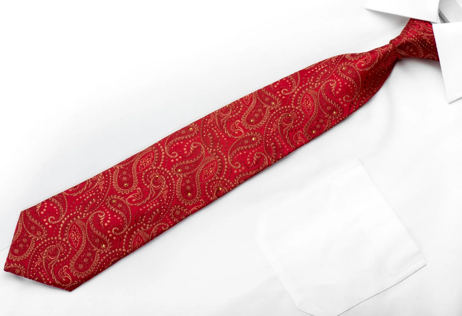 Renoma Mens Silk Necktie Paisley On Red Sparkling With Rhinestones