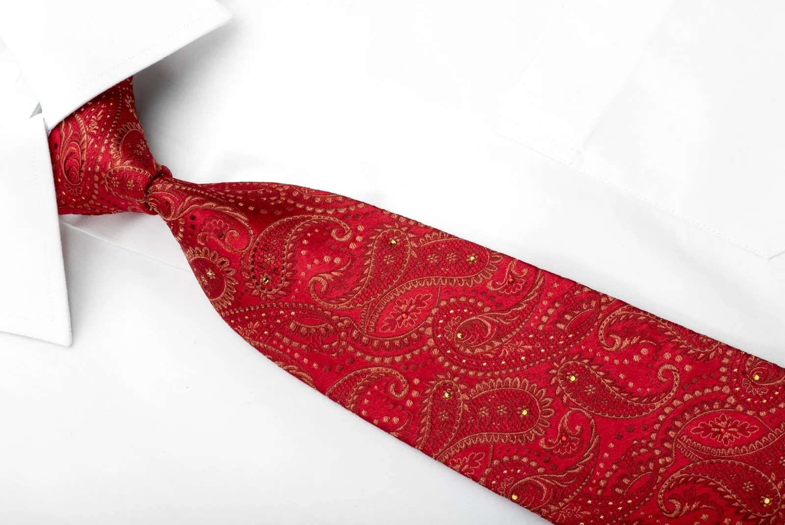 Renoma Mens Silk Necktie Paisley On Red Sparkling With Rhinestones