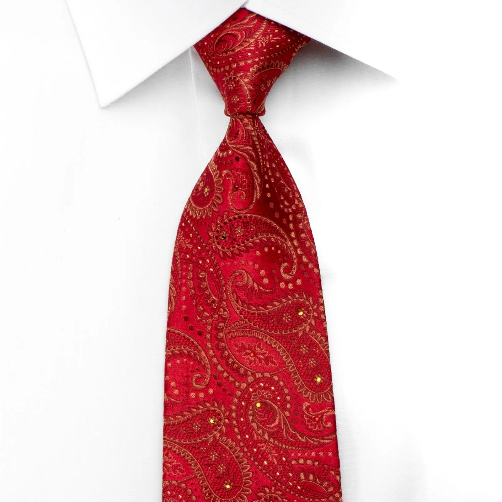 Renoma Mens Silk Necktie Paisley On Red Sparkling With Rhinestones