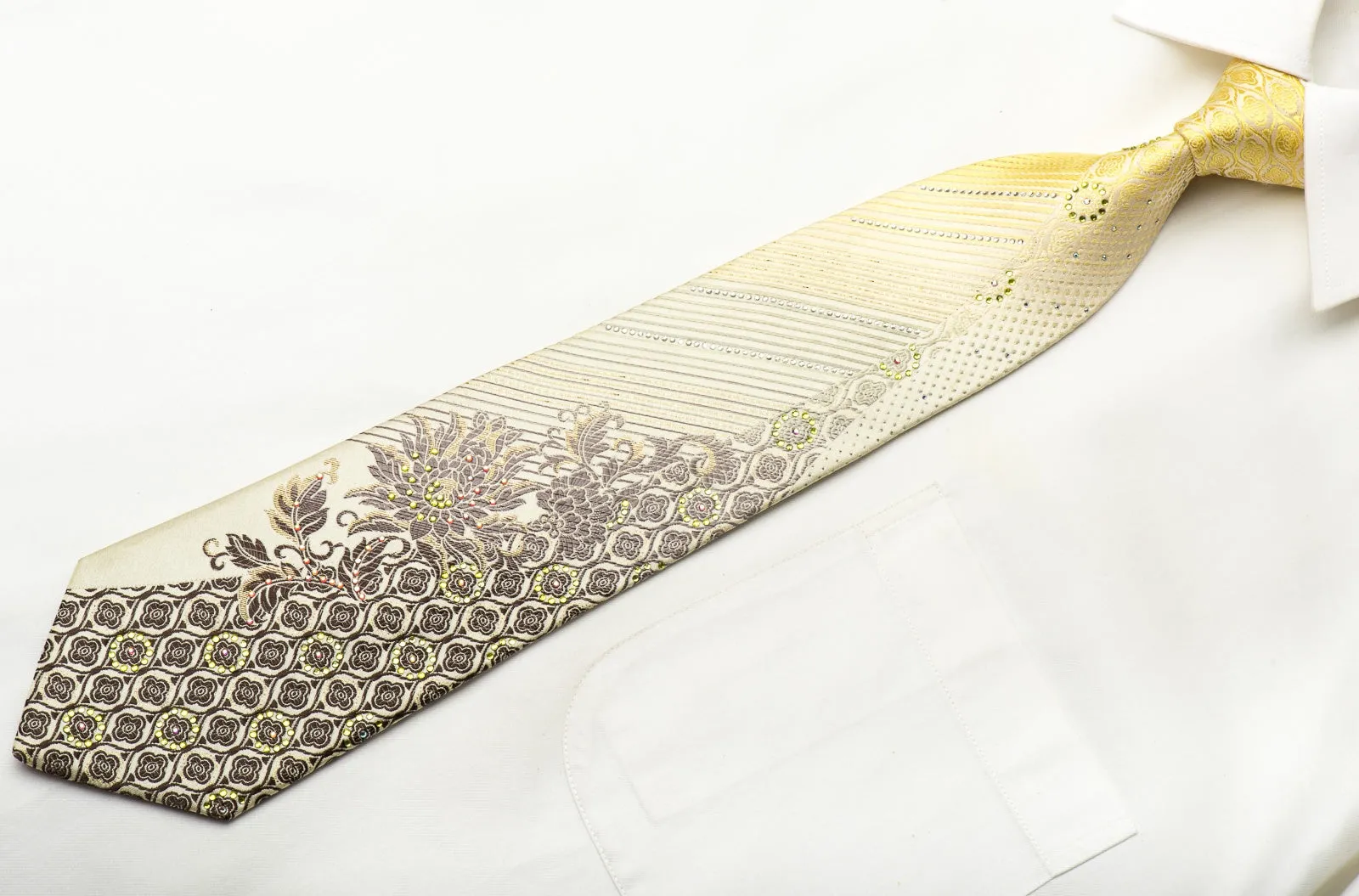 Renoma Men's Silk Rhinestone Necktie Striped & Floral On Yellow With Sparkles