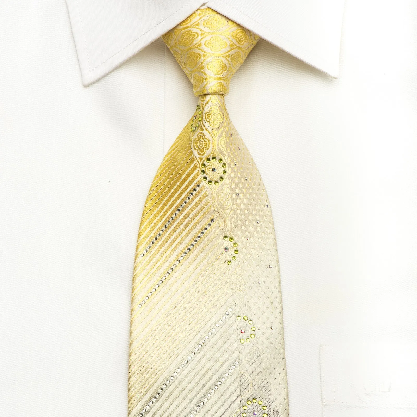 Renoma Men's Silk Rhinestone Necktie Striped & Floral On Yellow With Sparkles