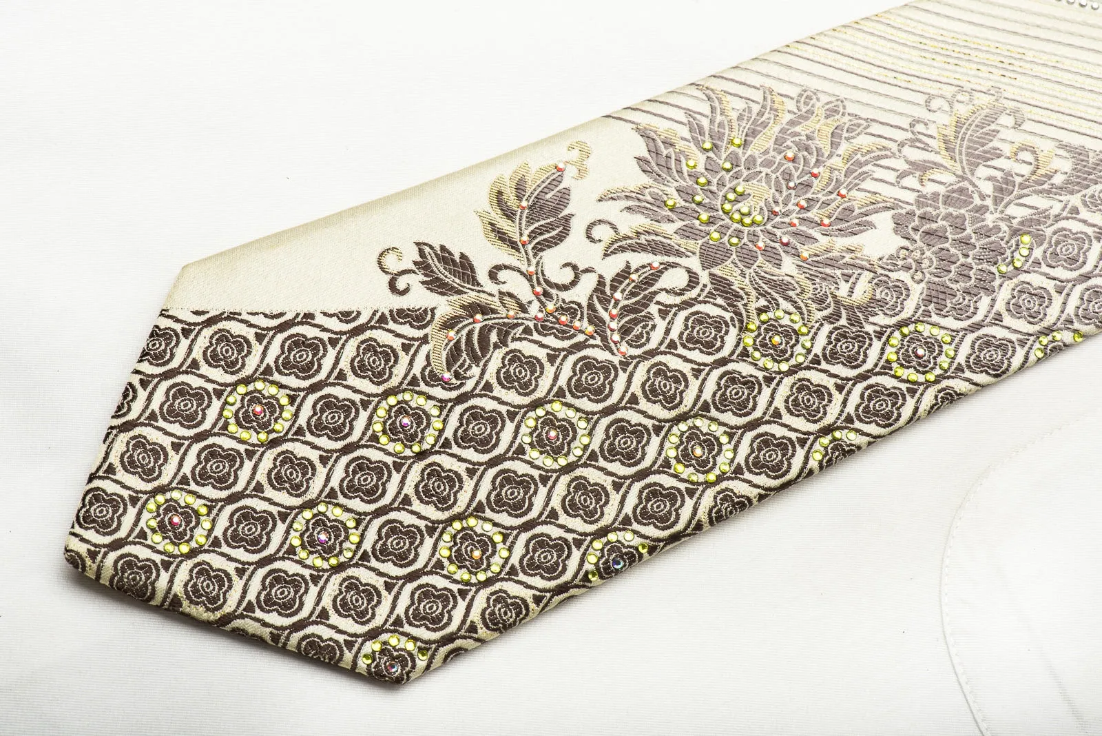 Renoma Men's Silk Rhinestone Necktie Striped & Floral On Yellow With Sparkles