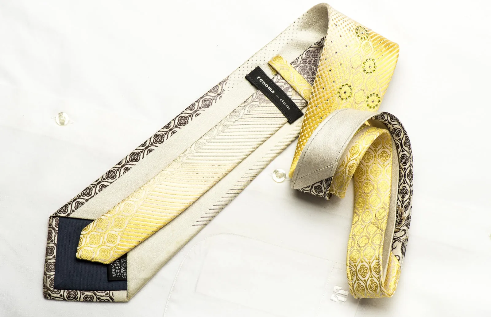 Renoma Men's Silk Rhinestone Necktie Striped & Floral On Yellow With Sparkles