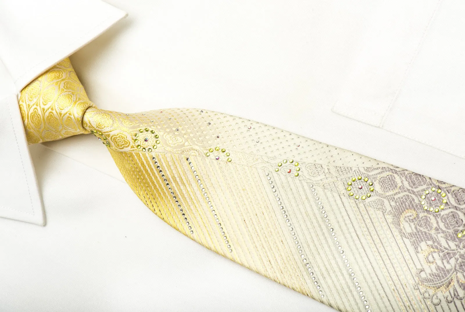 Renoma Men's Silk Rhinestone Necktie Striped & Floral On Yellow With Sparkles