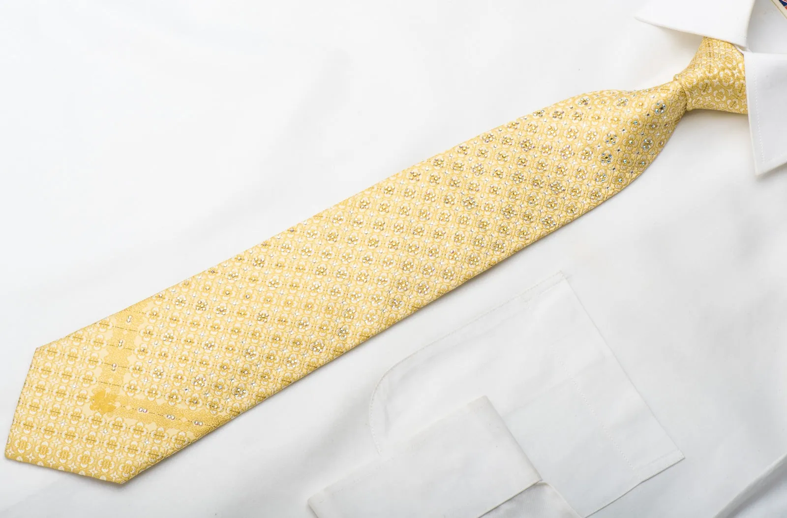 Renoma Men's Silk Tie Floral Foulard On Yellow Sparkling With Crystal Rhinestones
