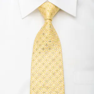 Renoma Men's Silk Tie Floral Foulard On Yellow Sparkling With Crystal Rhinestones