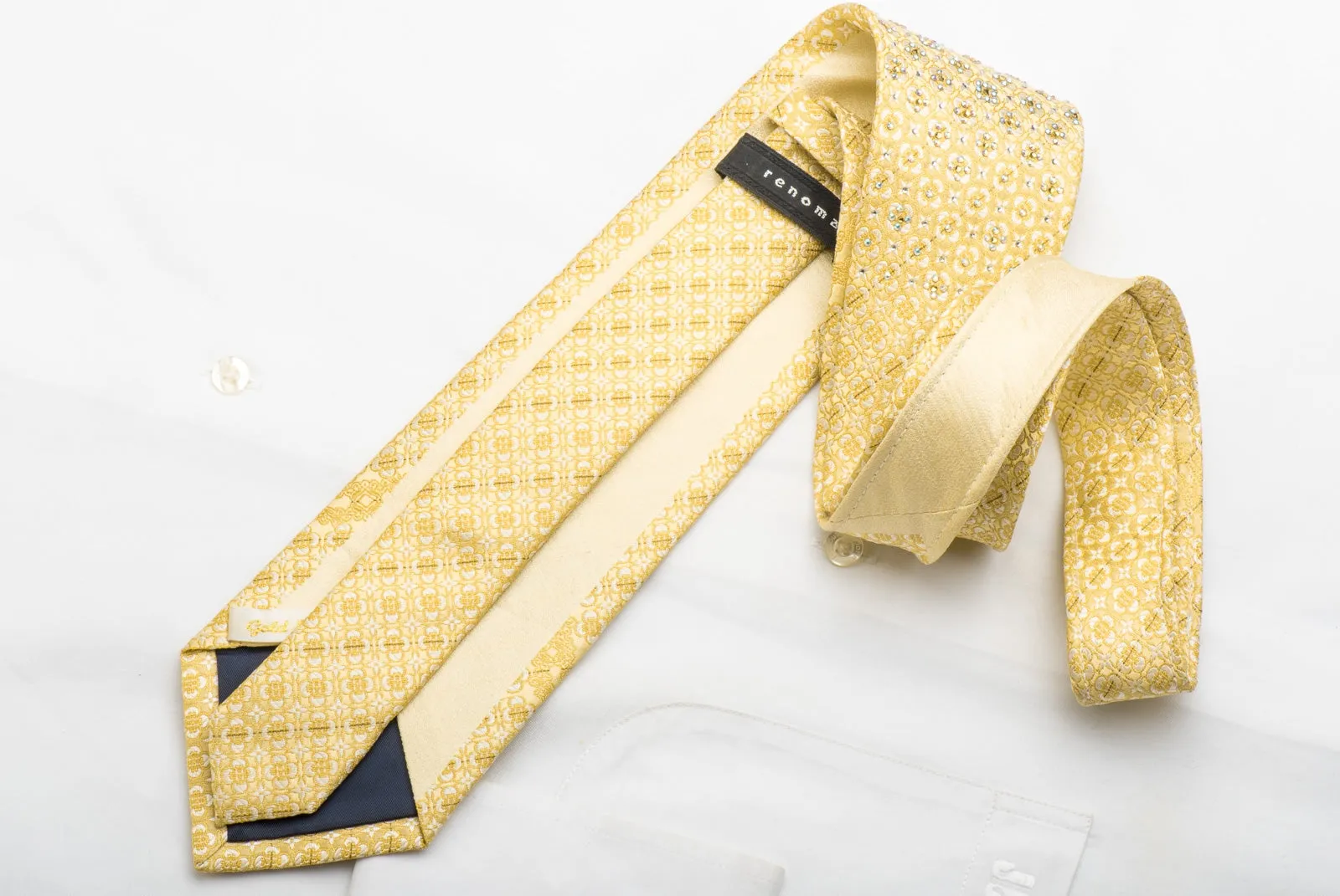 Renoma Men's Silk Tie Floral Foulard On Yellow Sparkling With Crystal Rhinestones