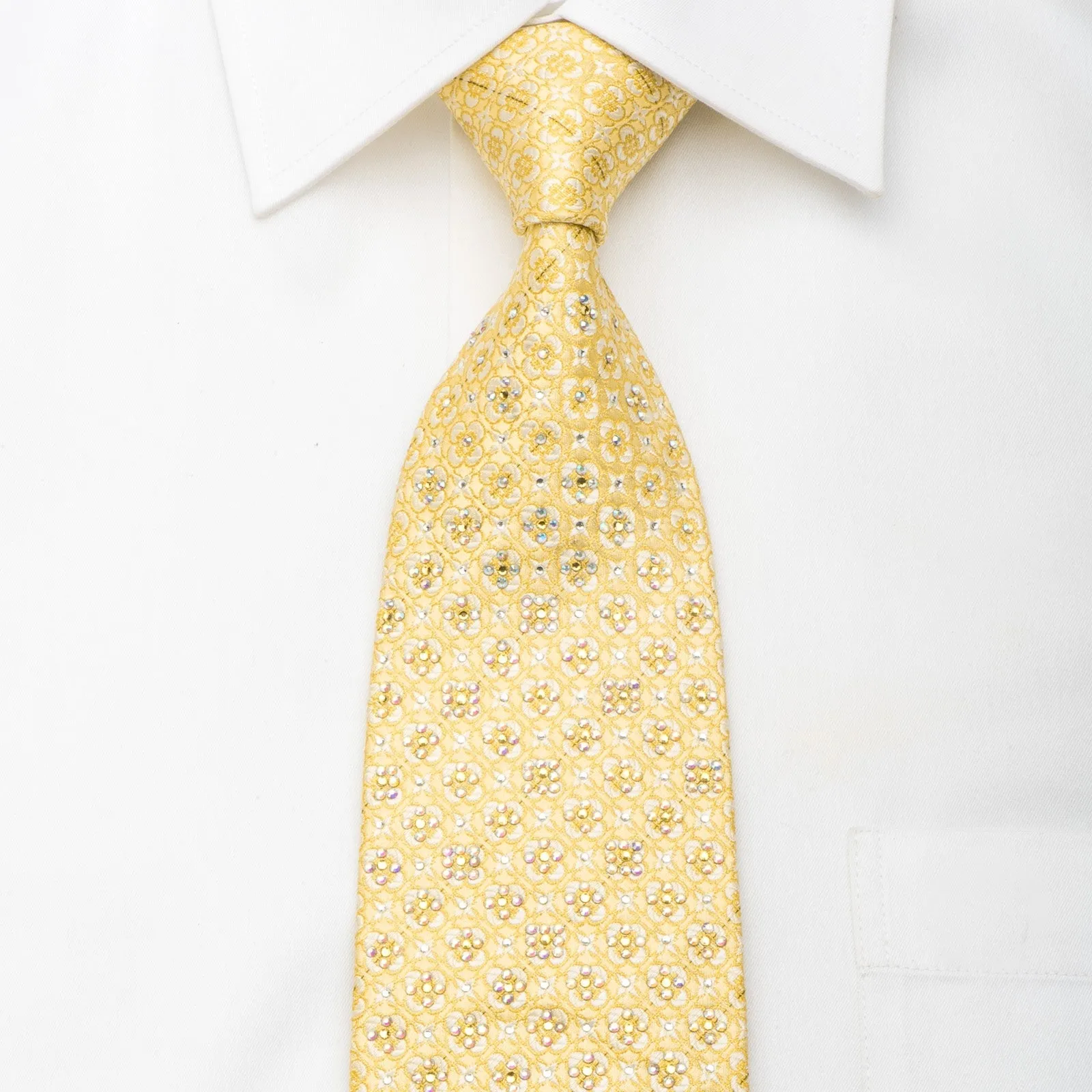 Renoma Men's Silk Tie Floral Foulard On Yellow Sparkling With Crystal Rhinestones