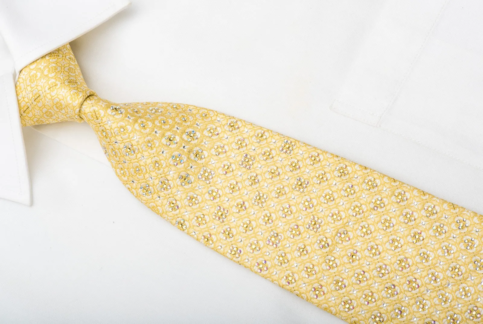 Renoma Men's Silk Tie Floral Foulard On Yellow Sparkling With Crystal Rhinestones