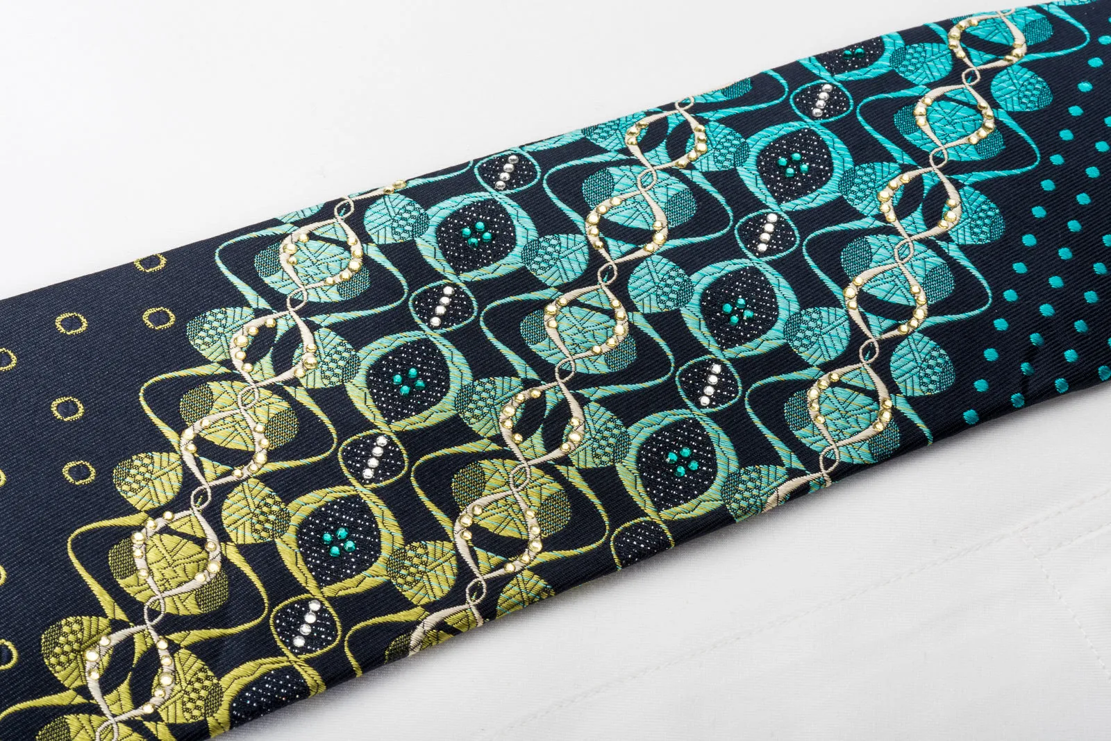 Renoma Rhinestone Silk Necktie Geometric On Blue Woven Silk