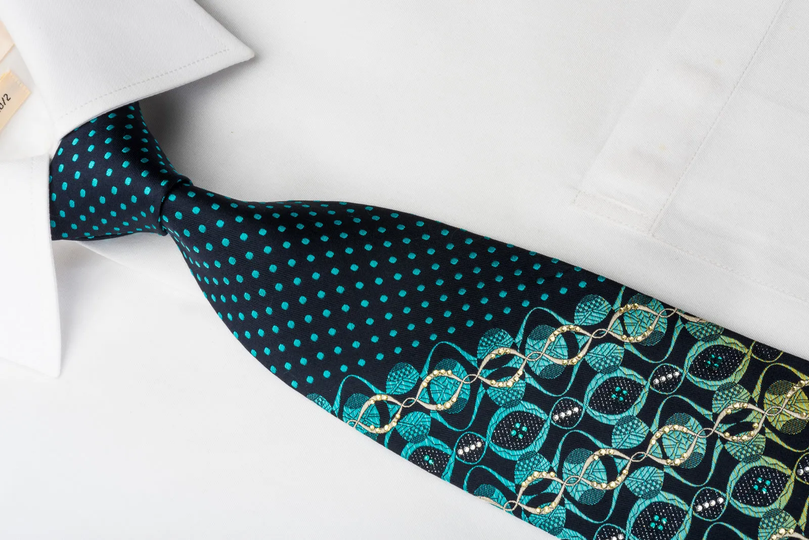 Renoma Rhinestone Silk Necktie Geometric On Blue Woven Silk