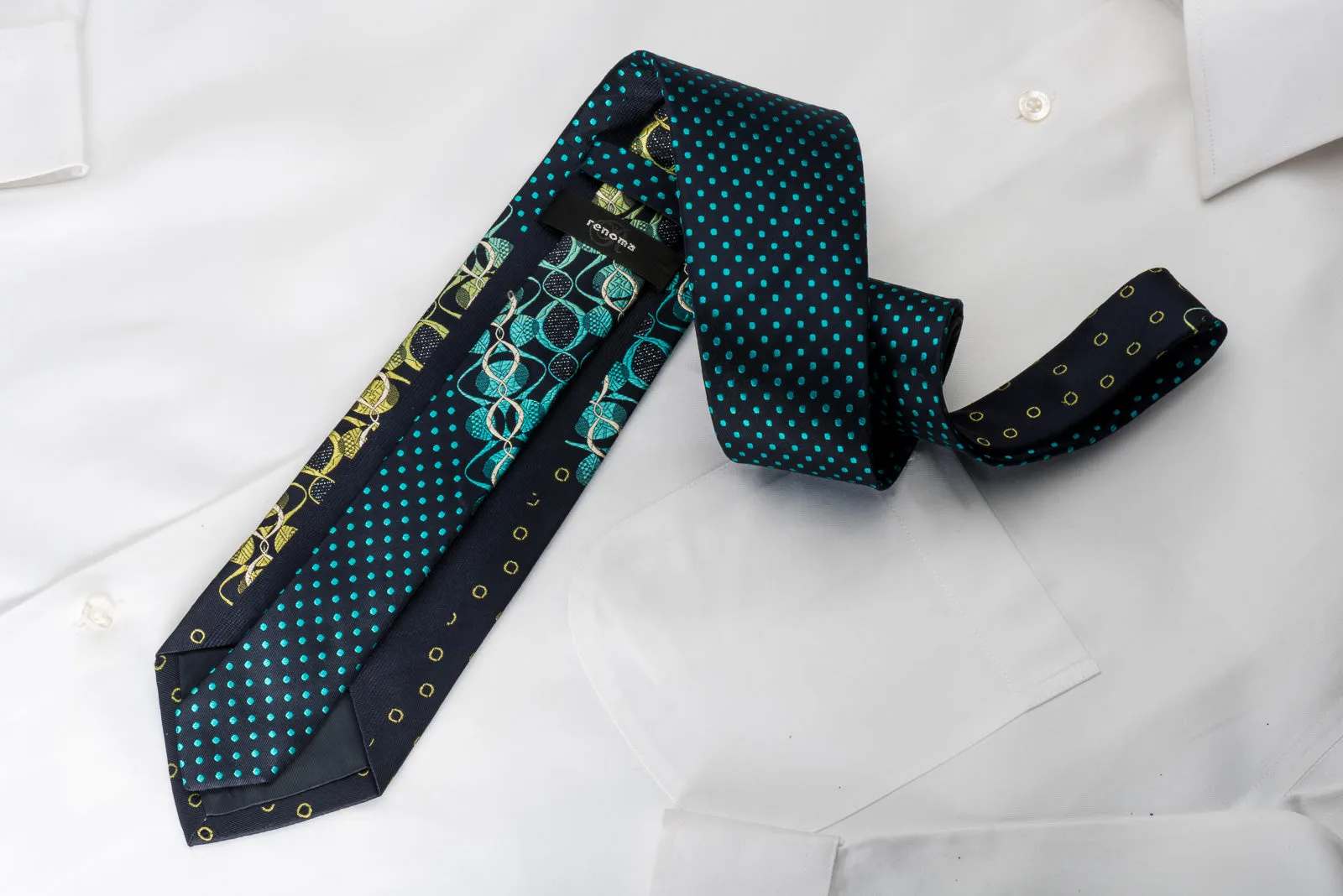 Renoma Rhinestone Silk Necktie Geometric On Blue Woven Silk