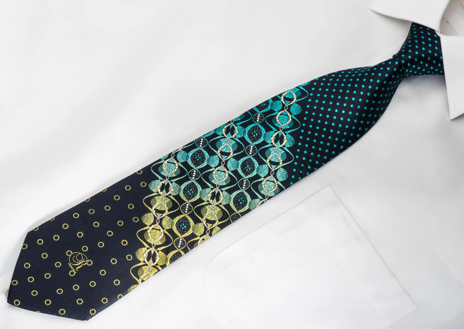 Renoma Rhinestone Silk Necktie Geometric On Blue Woven Silk