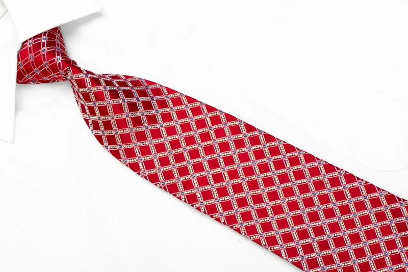 Renoma Rhinestone Silk Necktie Silver Trellis On Red With Blue Sparkles