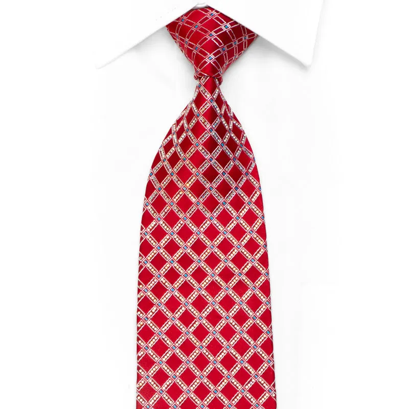 Renoma Rhinestone Silk Necktie Silver Trellis On Red With Blue Sparkles