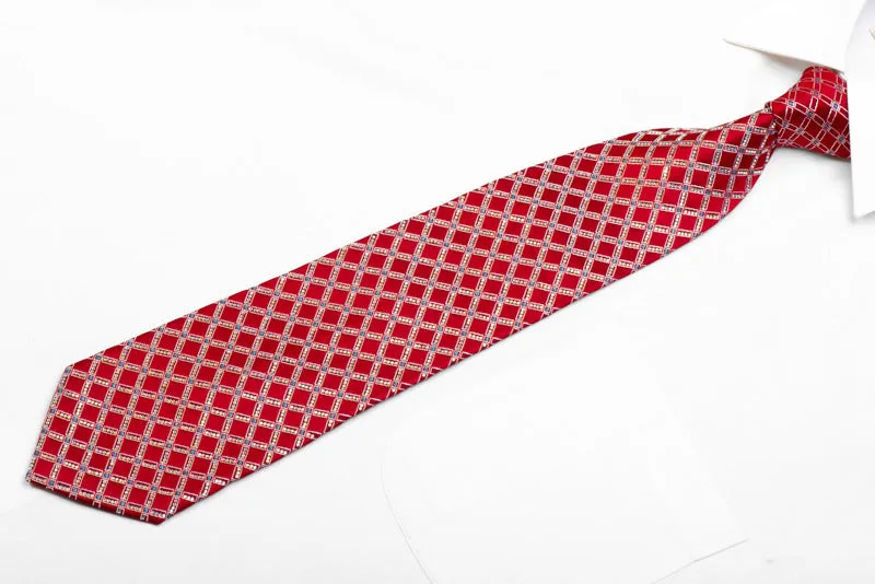 Renoma Rhinestone Silk Necktie Silver Trellis On Red With Blue Sparkles