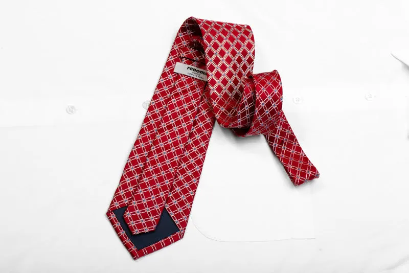 Renoma Rhinestone Silk Necktie Silver Trellis On Red With Blue Sparkles