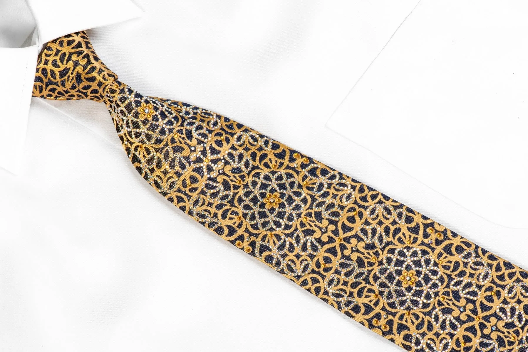 Renoma Rhinestone Tie Gold Scrolls On Navy