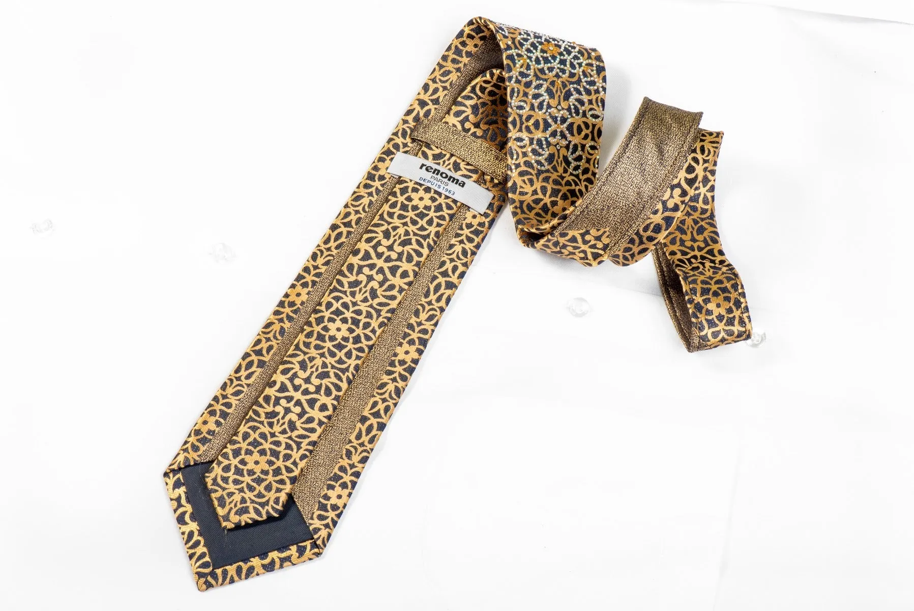 Renoma Rhinestone Tie Gold Scrolls On Navy