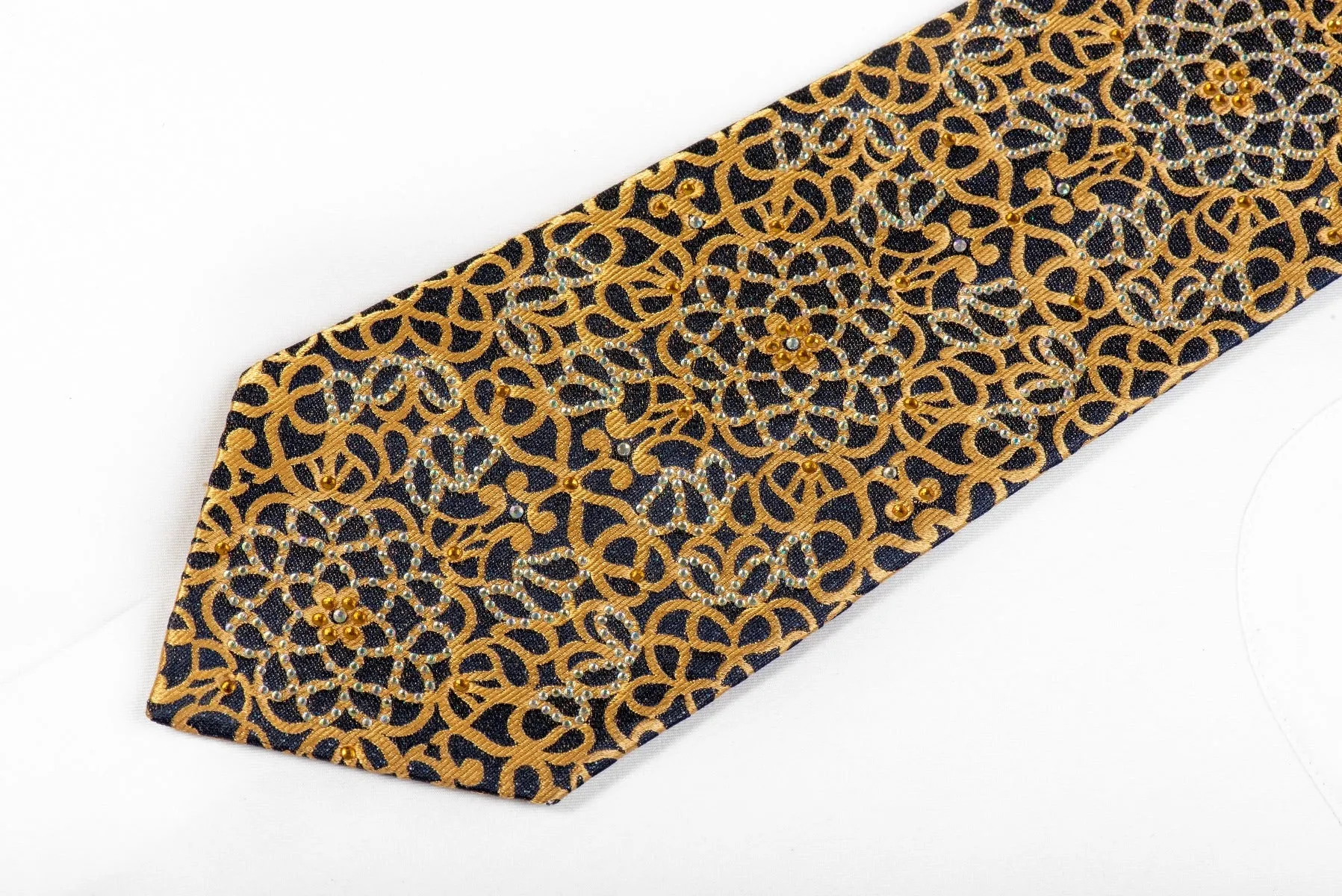 Renoma Rhinestone Tie Gold Scrolls On Navy