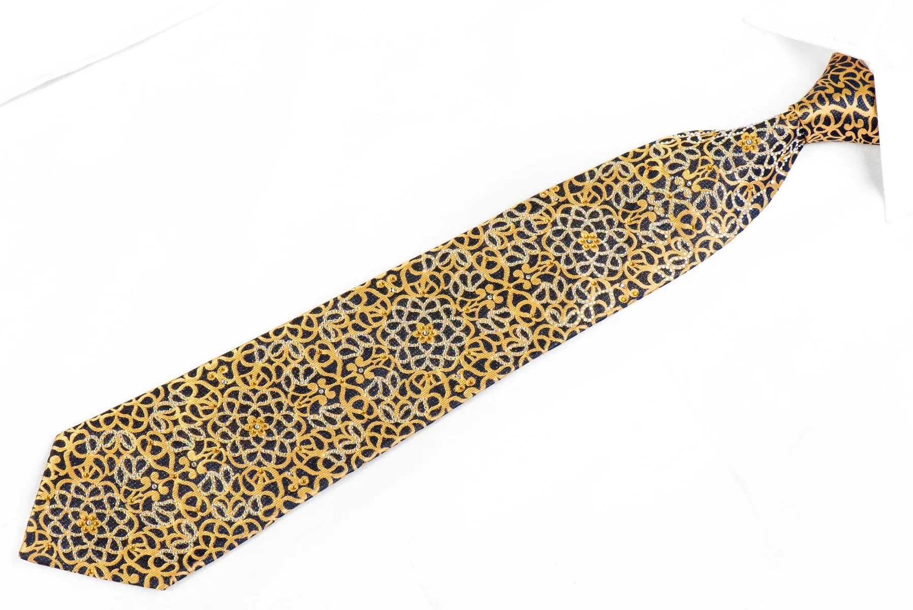Renoma Rhinestone Tie Gold Scrolls On Navy
