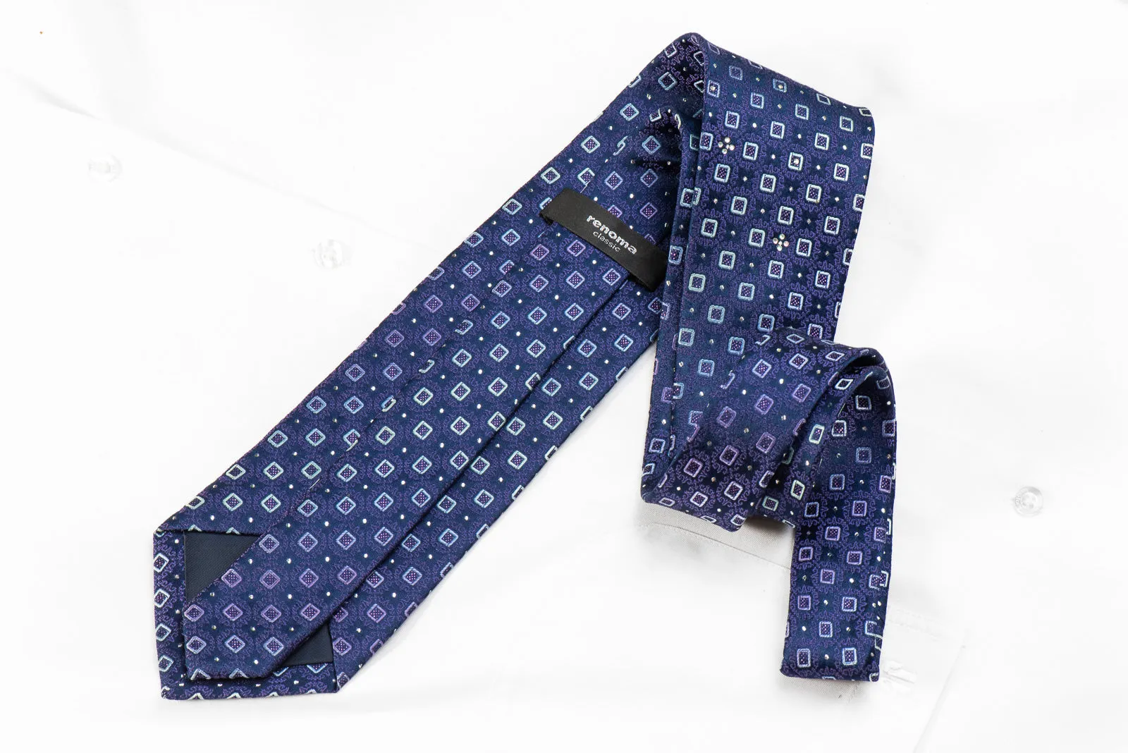 Renoma Rhinestone Tie Squares & Cartouche On Navy With Sparkles