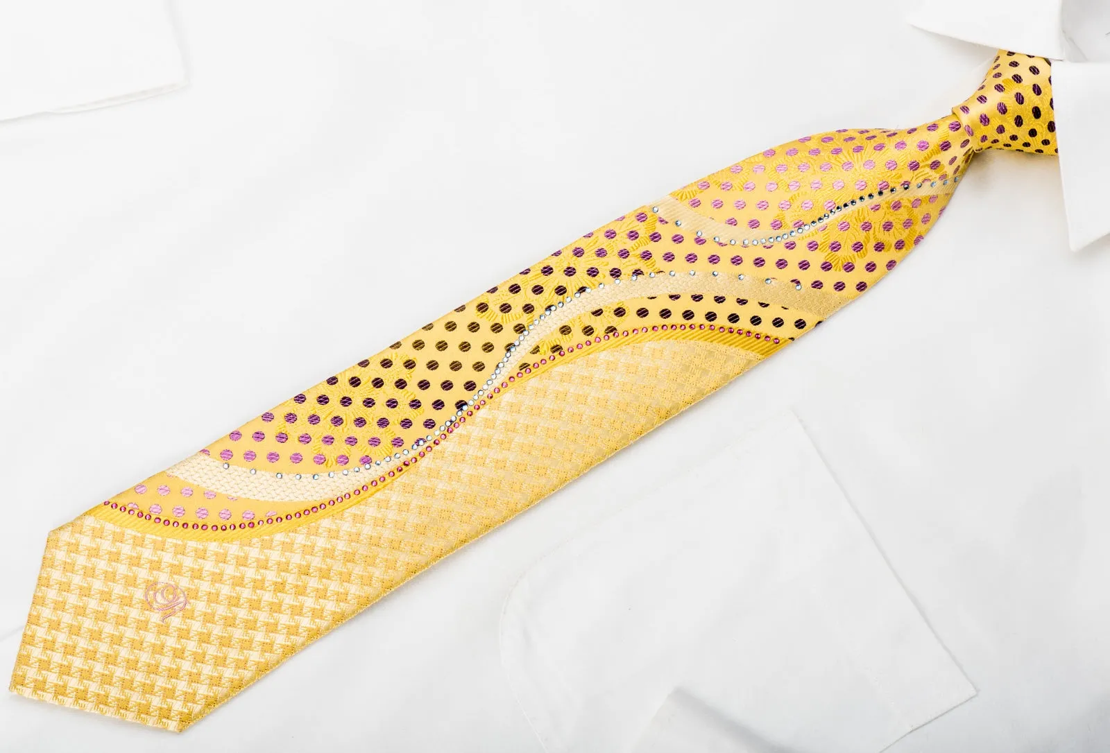 Renoma Silk Necktie Rhinestone Waves & Purple Polka Dots On Yellow With Sparkles