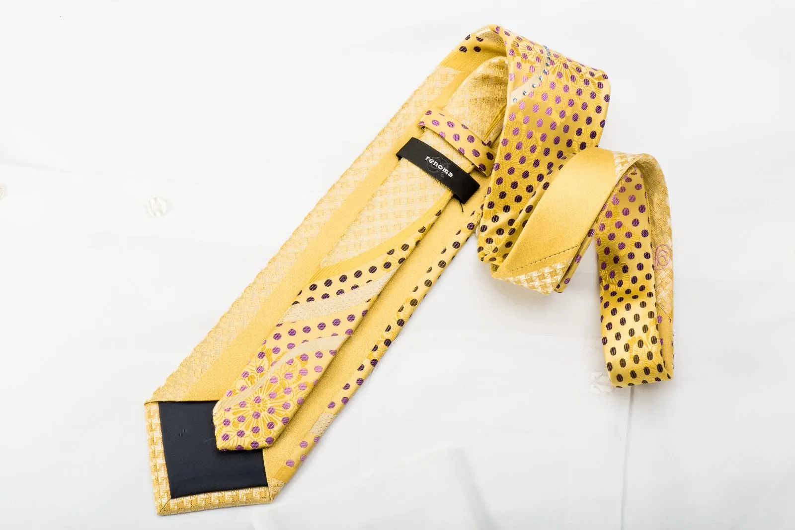 Renoma Silk Necktie Rhinestone Waves & Purple Polka Dots On Yellow With Sparkles