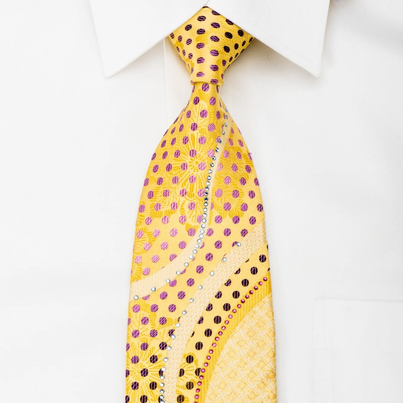 Renoma Silk Necktie Rhinestone Waves & Purple Polka Dots On Yellow With Sparkles